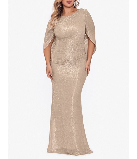 Betsy & Adam Plus Size Draped Back 3/4 Sleeve Round Neck Metallic Crinkled Ruched Sheath Gown | Dillard's