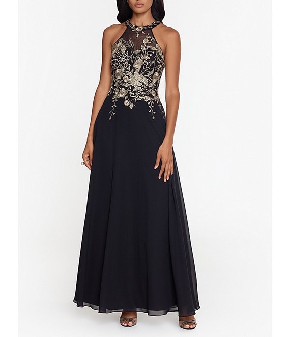 Color:Black/Gold - Image 1 - Halter Neck Floral Embroidered Sleeveless Chiffon Gown