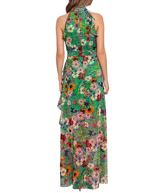 betsy and adam green floral dress Betsy & Adam Halter Neck Sleeveless Ruffle Front Floral Chiffon Long Dress