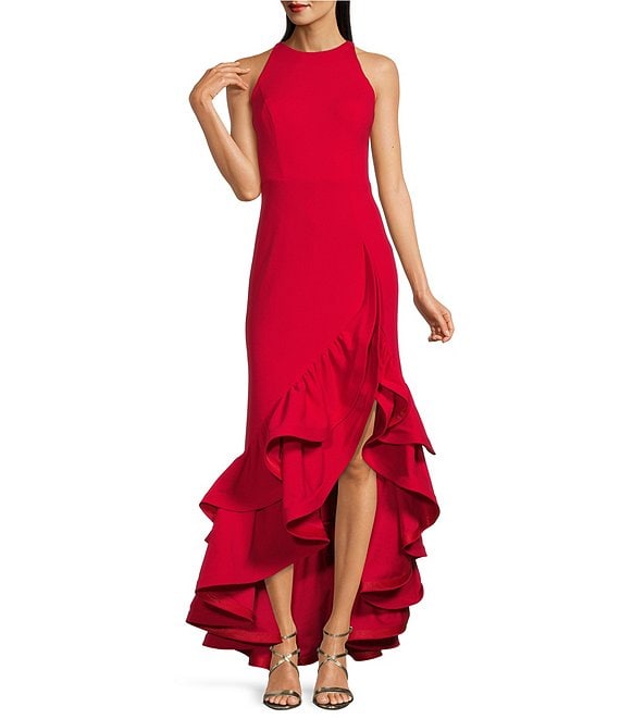 Color:Red - Image 1 - Round Neck Sleeveless Ruffle High-Low Stretch Crepe Gown