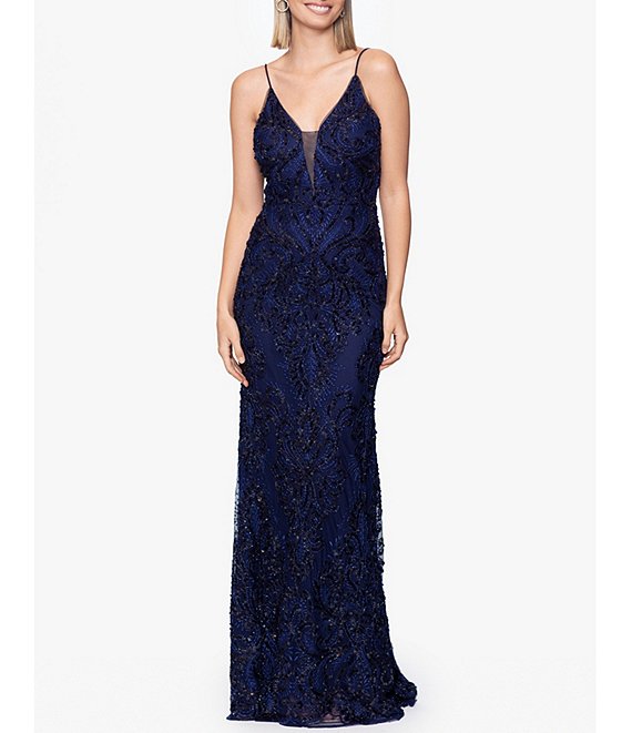 Betsy & Adam Illusion V Neck Sequined Column Gown | Dillard's