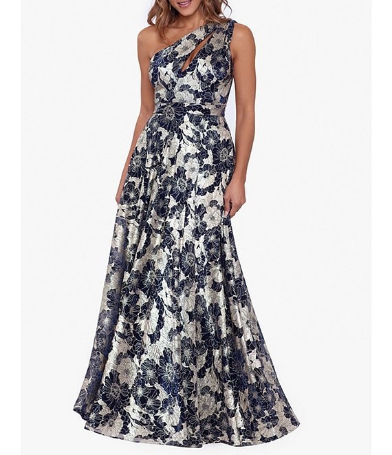 Betsy & Adam Metallic Floral One Shoulder Keyhole Sleeveless Gown