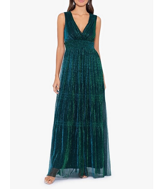 Betsy & Adam Metallic Glitter V-Neck Sleeveless Gown | Dillard's