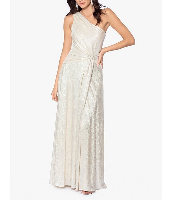 Color:Champagne/Silver - Image 1 - Metallic One Shoulder Sleeveless Knotted Waist Gown