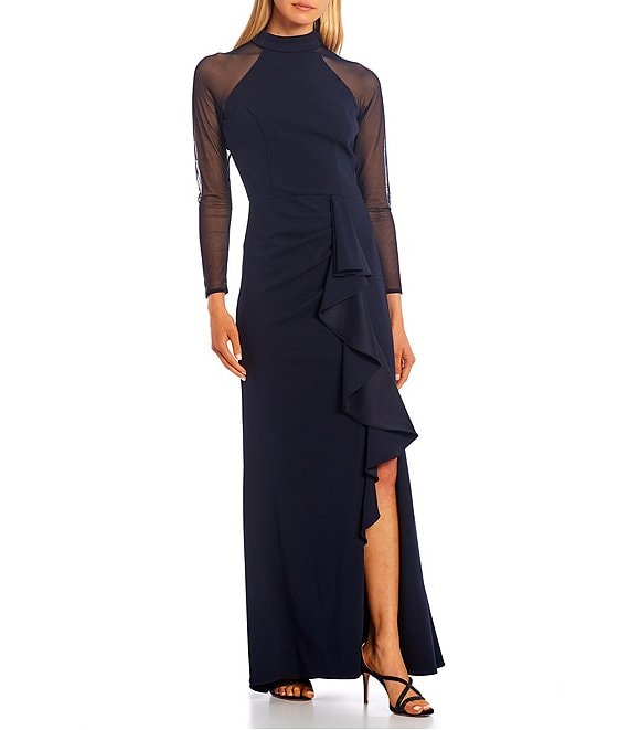 Color:Navy - Image 1 - Mock Neck Long Illusion Sleeve Ruffle Slit Leg Stretch Gown