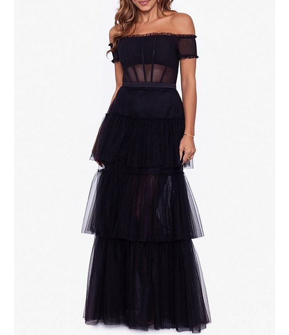 Color:Black - Image 1 - Off-the-Shoulder Short Ruffle Sleeve Tiered Mesh Ball Gown