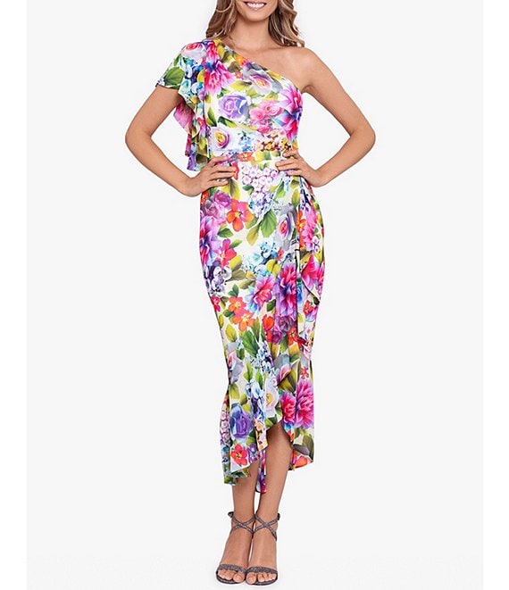 Color:Floral Multi - Image 1 - One Shoulder Floral Print Chiffon Ruffle Front Midi Dress