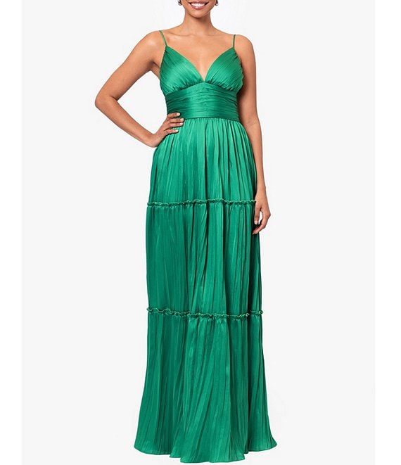 Betsy Adam Pleated V Neck Sleeveless Tiered Gown