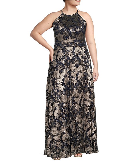 Betsy Adam Plus Size Metallic Crinkle Sleeveless Halter Neck Foil Floral Print A Line Gown