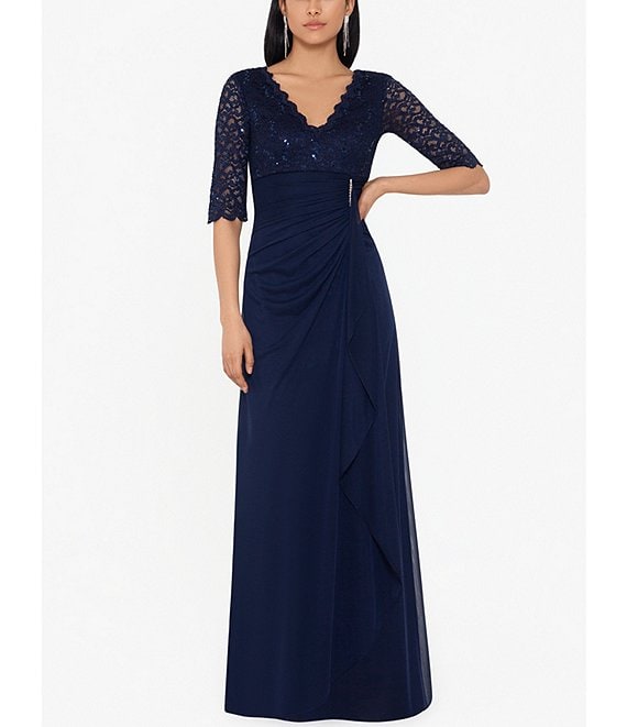 Betsy & Adam Sequin Lace V-Neck 3/4 Sleeve Gown | Dillard's
