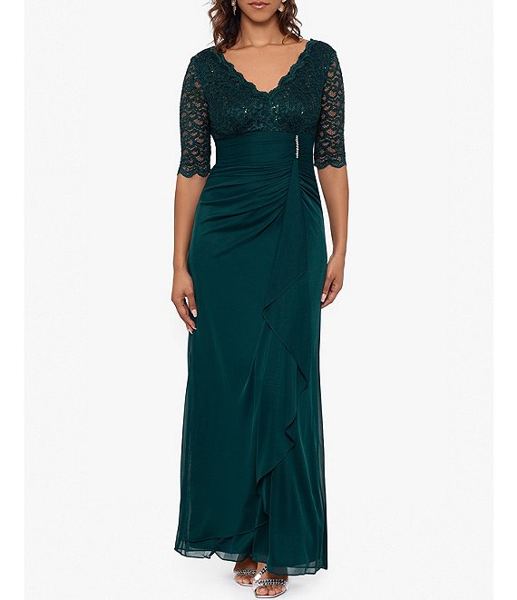 Betsy Adam Sequin Lace V Neck 3 4 Sleeve Gown