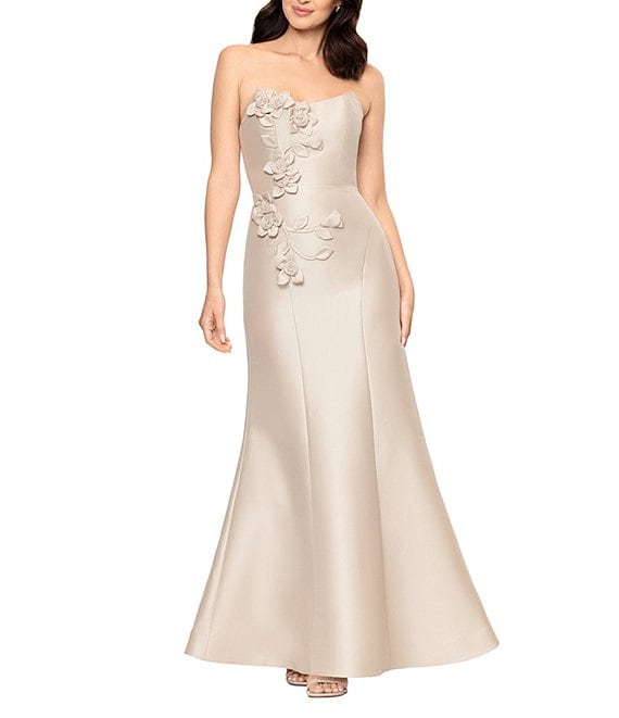 Betsy & Adam Strapless Floral Applique Corset Bodice Gown, Champagne - Image 1