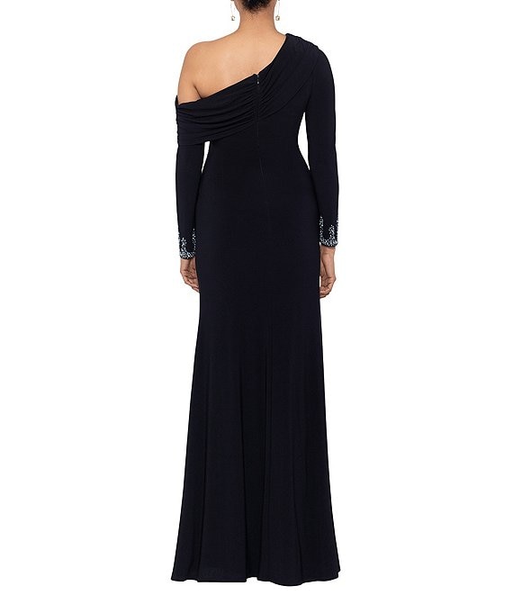 Betsy & Adam Stretch Off the Shoulder Long Sleeve Beaded Cuff Ruched Waist Gown