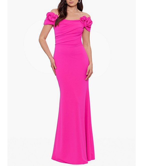 Betsy & Adam Off-the-Shoulder Stretch Ruffle V-Back Gown | Dillard's
