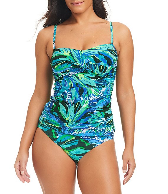 Beyond Control The Tanya Tropical Palm Print Sweetheart Neck Twisted Bust  Ruched Tankini Swim Top
