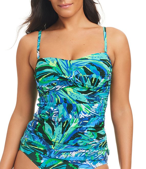 Plus Solid Ruched Bust Swim Dress With Bikini Bottom