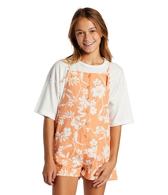 Color:Tangy Tangerine - Image 1 - Big Girls 7-14 Sleeveless Wave Watch Printed Button Front Romper