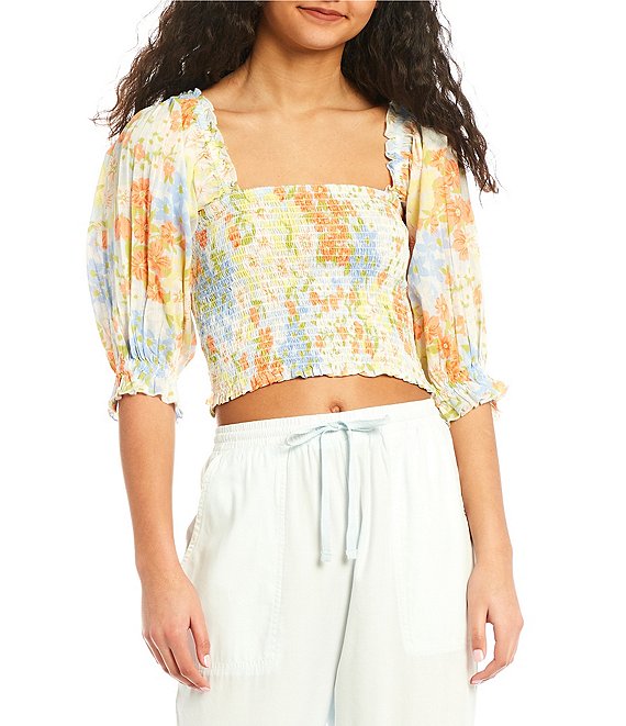 Color:White/Multi - Image 1 - Feeling Groovy Blouson-Sleeve Smocked Ruffle Trim Cropped Top