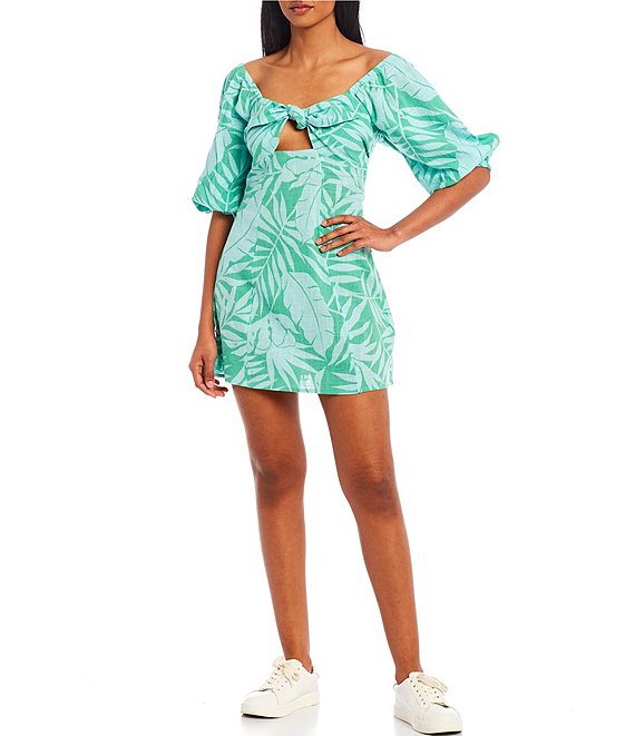 Color:Seaspray - Image 1 - Mystic Beach Tropical Print Cut-Out-Tie Front Mini Dress