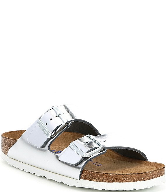 Color:Silver - Image 1 - Women's Arizona Soft Footbed Double Banded Buckle Detail Metallic Sandals