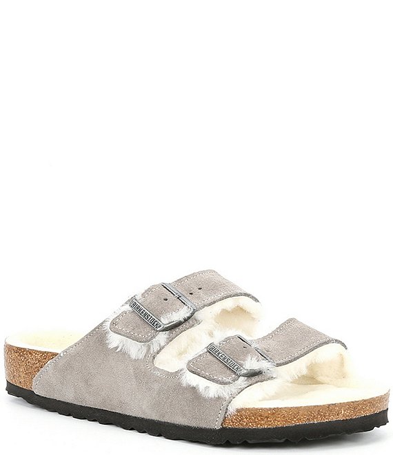 Color:Stone Coin/Natural - Image 1 - Men's Arizona Suede Shearling Sandals