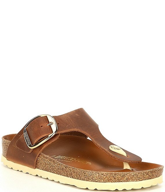 Color:Cognac - Image 1 - Women's Gizeh Big Buckle Detail Oiled Leather Thong Sandals