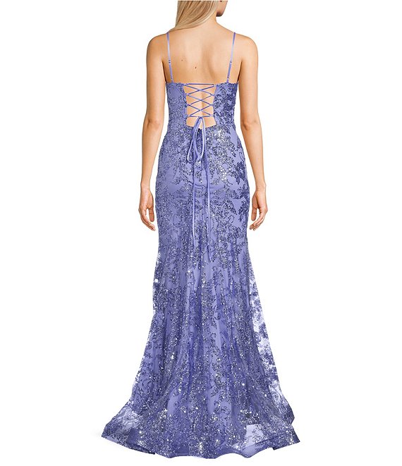 blondie formal dresses Nites Glitter Mesh Patterned Pinch Front Neck Corseted Lace Up Back Long Dress Strapless dress