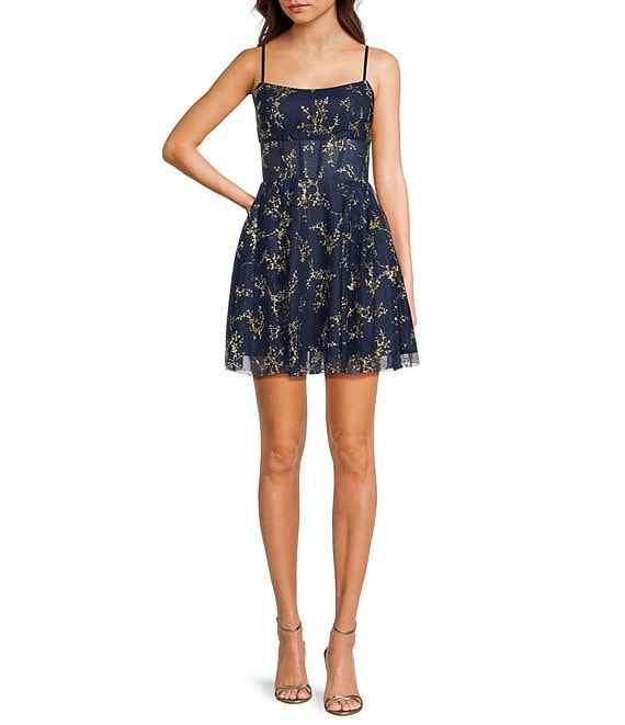 Blondie Nites Glitter Patterned Illusion Bodice Lace Up Tie Back Party Dress