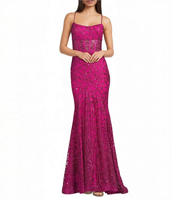 Blondie Nites Glitter Patterned Scoop Neck Illusion Corseted Dress