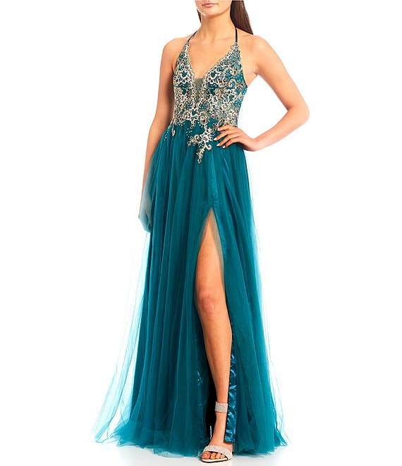 Color:Teal/Gold - Image 1 - Halter Neck Tie Back Embroidered Corset Gown
