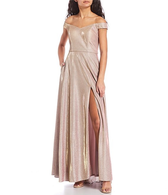 Color:White/Pink/Gold - Image 1 - Off-The-Shoulder Sweetheart Neck Shimmer Shine Slit Hem Long Dress