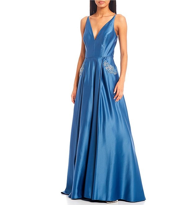 Color:Blue - Image 1 - Spaghetti Strap Plunge Neck Embellished Pocket Ball Gown