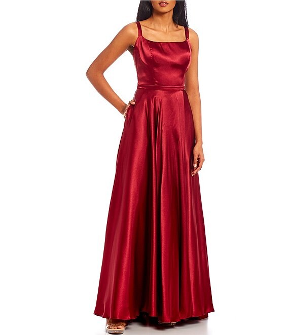 Color:Wine - Image 1 - Square Neck Princess Seamed Double Strap Back Charmeuse Ball Gown