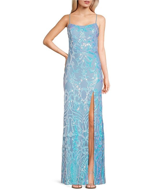 Blondie Nites Straight Neck Sequin Pattern Long Gown | Dillard's