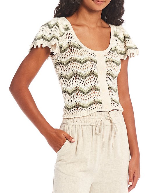 Color:Olive Multi - Image 1 - Chevron Button Front Crochet Ruffle Sleeve Top