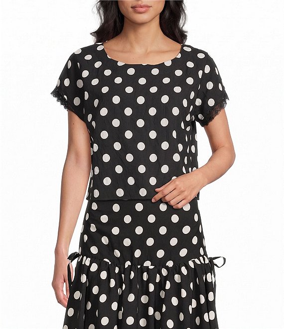Blu Pepper Coordinating Polka Dot Lace Trim Short Sleeve Top