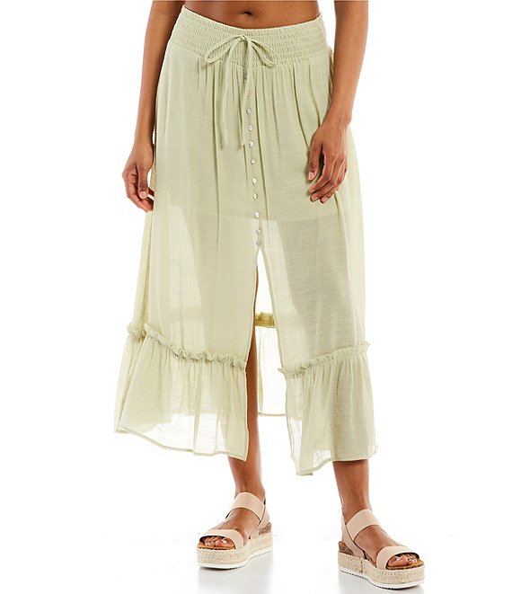 Color:Light Sage - Image 1 - Coordinating Smocked Waist Button Slit Front Midi Skirt