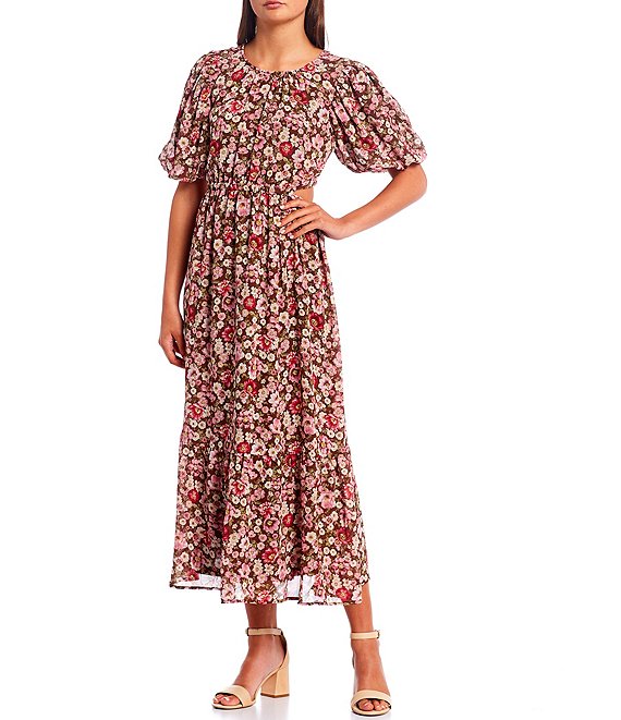 Color:Brown Multi - Image 1 - Crew Neck Short Puff Sleeve Waist Cutout Floral Dress