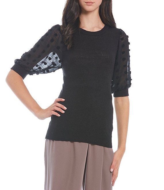 Color:Black - Image 1 - Dotted Textured Elbow Sleeve Knit Top