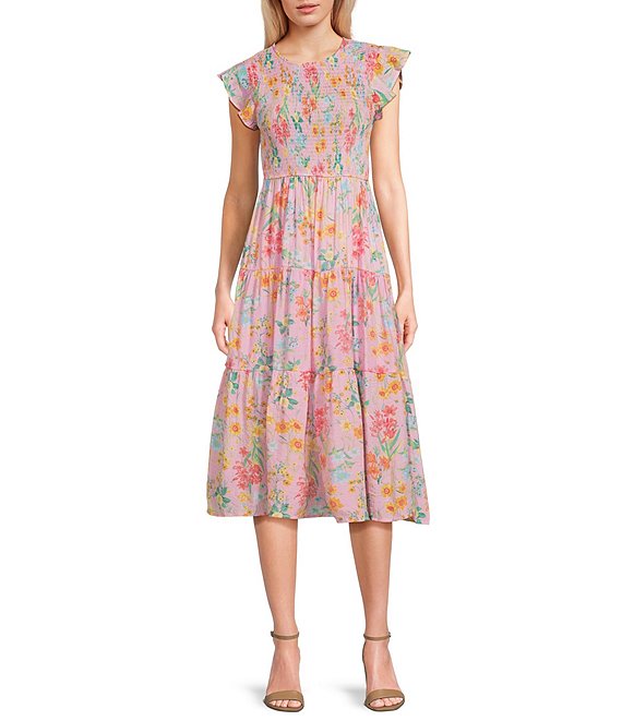 Blu Pepper Floral Print Smocked Bodice Midi Dress | Dillard's