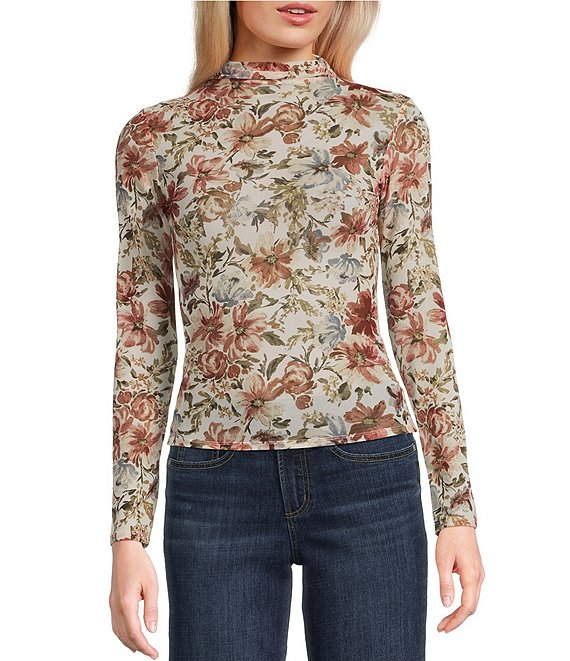 Blu Pepper Floral Printed Mesh Mock Neck Long Sleeve Top