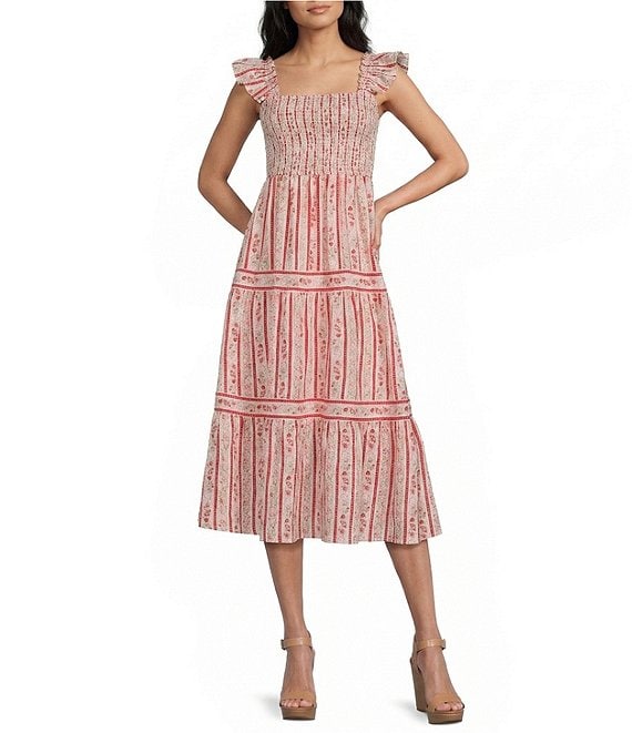 Blu Pepper Floral Striped Print Square Neck Ruffle Sleeve Midi Dress