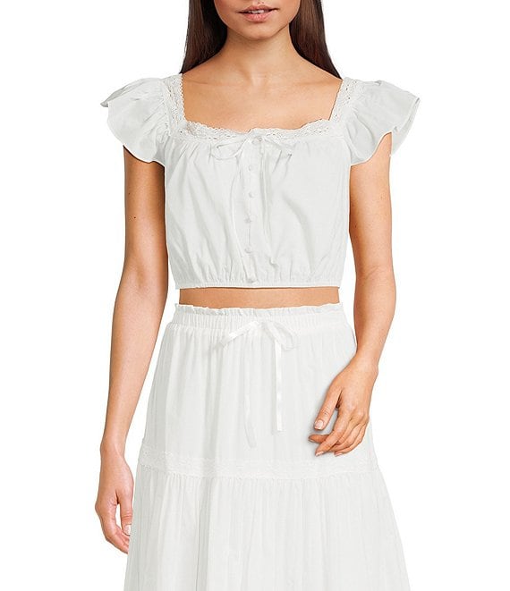 Blu Pepper Flutter-Sleeve Lace-Trimmed Crop Top
