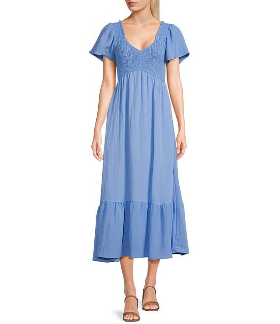 Blu Pepper Flutter Sleeve Smocked V-Neck Midi Dress | Dillard's