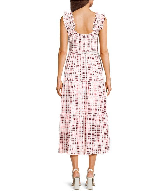 blu pepper gingham dress Square Neck Ruffle Sleeve Smocked Midi Exude charming style in