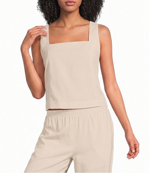 Blu Pepper Linen Blend Square Neck Button Back Coordinating Top