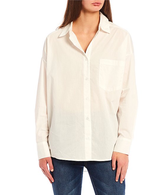 Color:White - Image 1 - Long Sleeve Button Down High Low Shirt