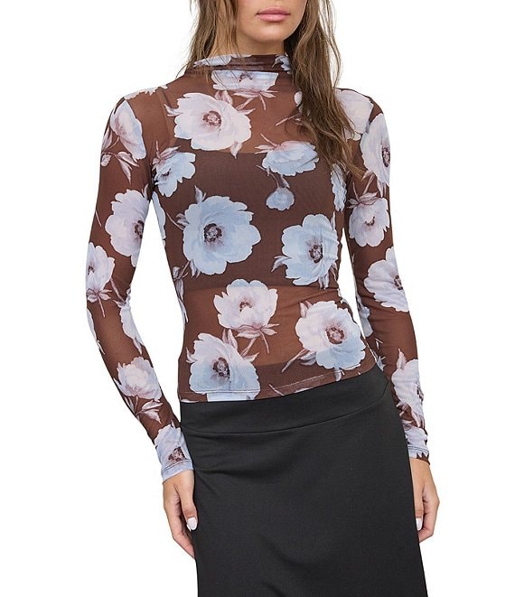 Blu Pepper Mesh Floral Printed Mock Neck Long Sleeve Top