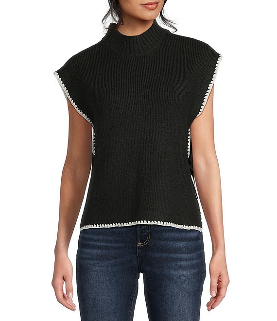 Blu Pepper Mock Neck Contrast Stitch Side Tie Sweater