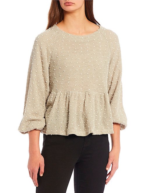 Color:Sage - Image 1 - Peplum Long Sleeve Clip Dot Pull-On Top
